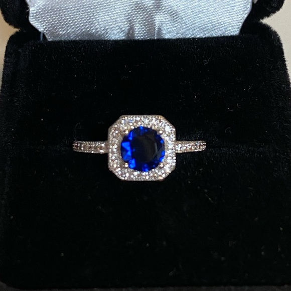 925 Sterling Silver Blue CZ Diamond Halo Ring - Picture 2 of 14